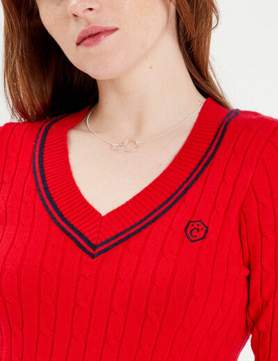 Pull manches longues torsades rouge foncé femme