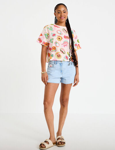 T-shirt droit cropped manches courtes beige femme