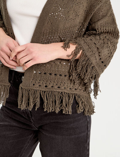 Gilet ajouré avec franges vert kaki femme