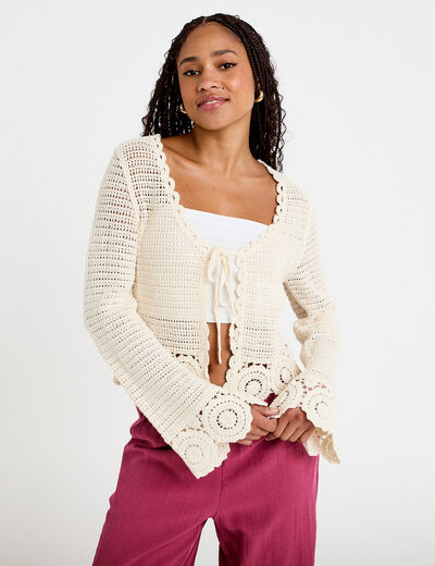 Gilet col v manches longues avec noeuds ecru femme