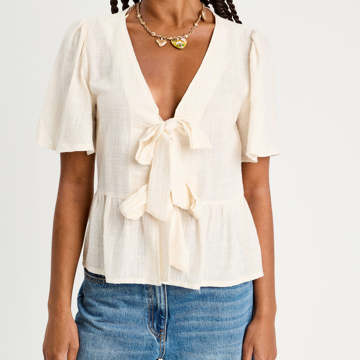 Blouse manches courtes noeuds ecru femme