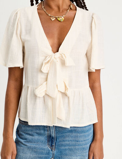 Blouse manches courtes noeuds ecru femme