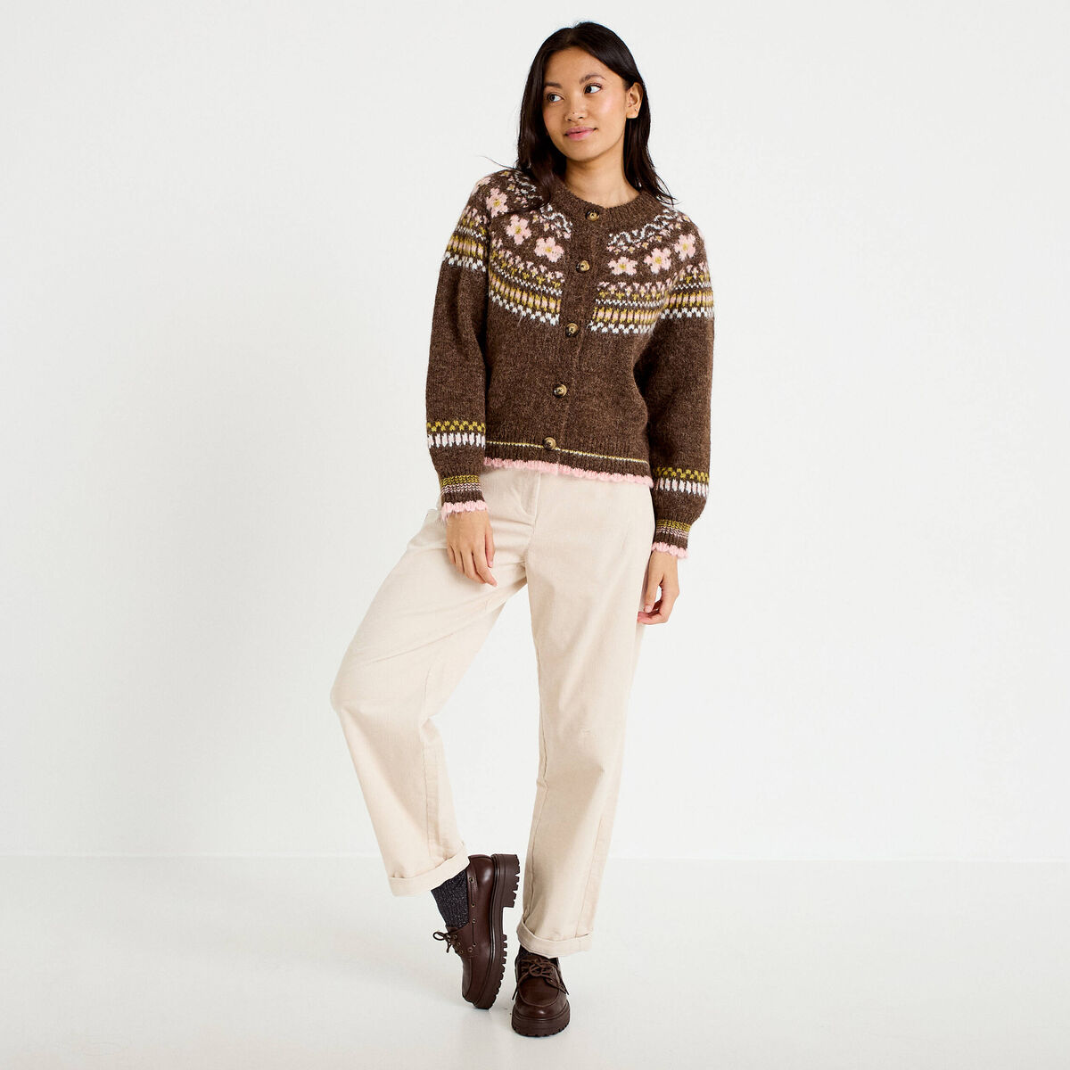 Gilet ample col rond manches longues marron fonc&eacute; femme