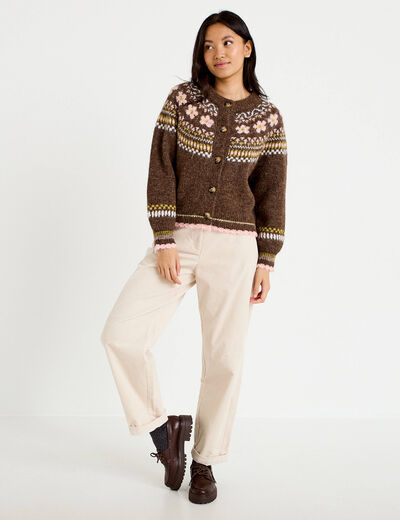 Gilet ample col rond manches longues marron fonc&eacute; femme