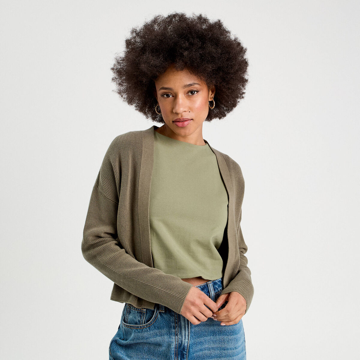 Gilet manches longues vert kaki femme