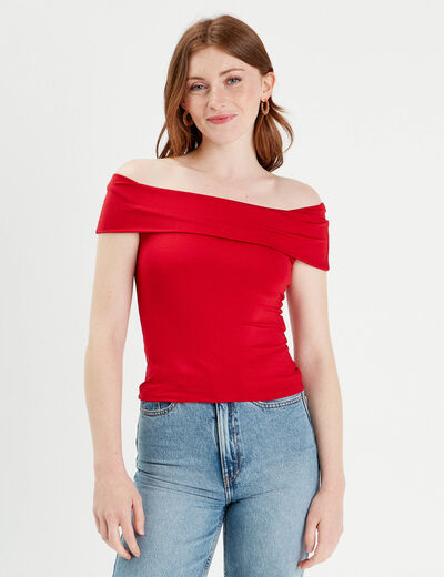T-shirt col bardot rouge femme