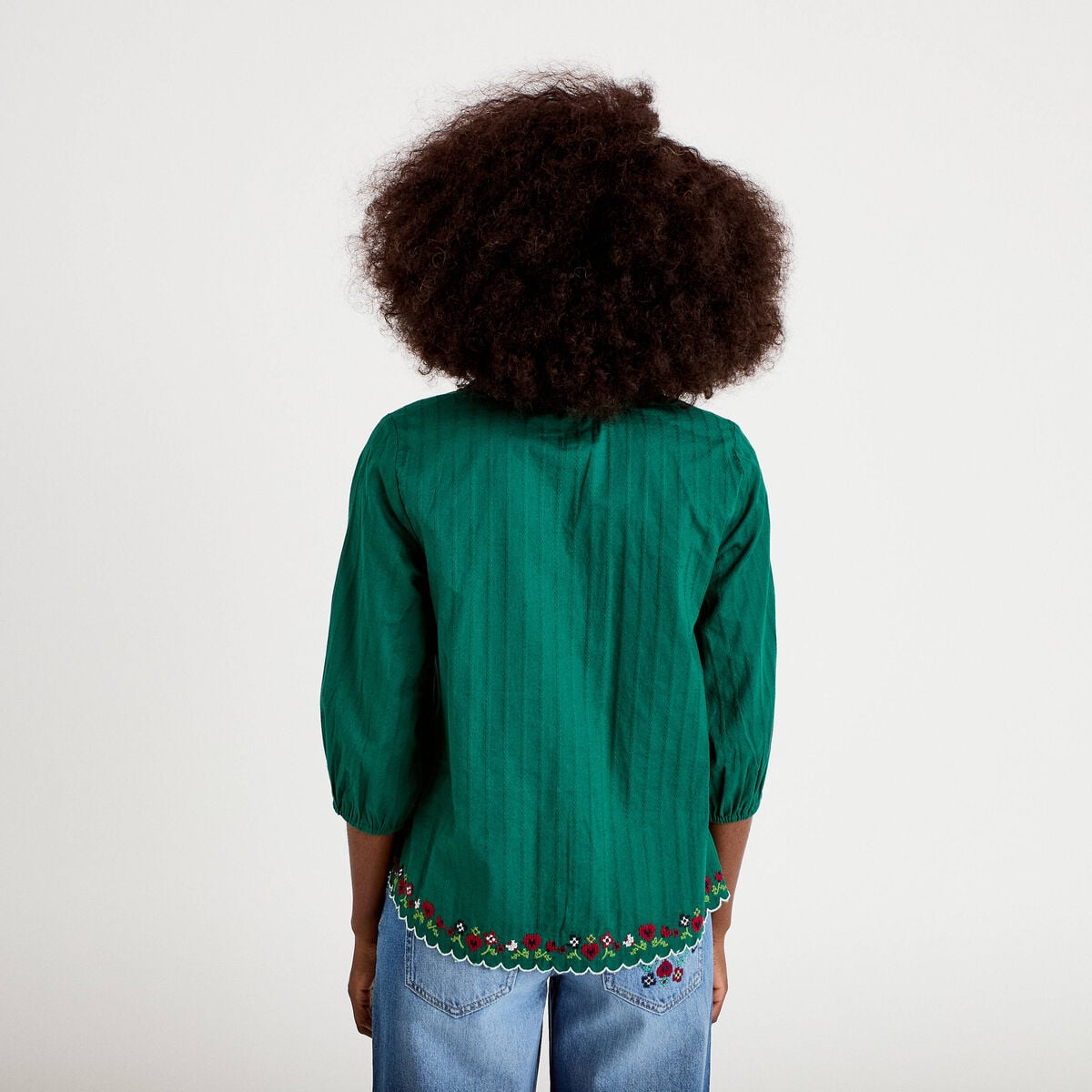 Blouse broderie col v manches 3/4 vert fonc&eacute; femme