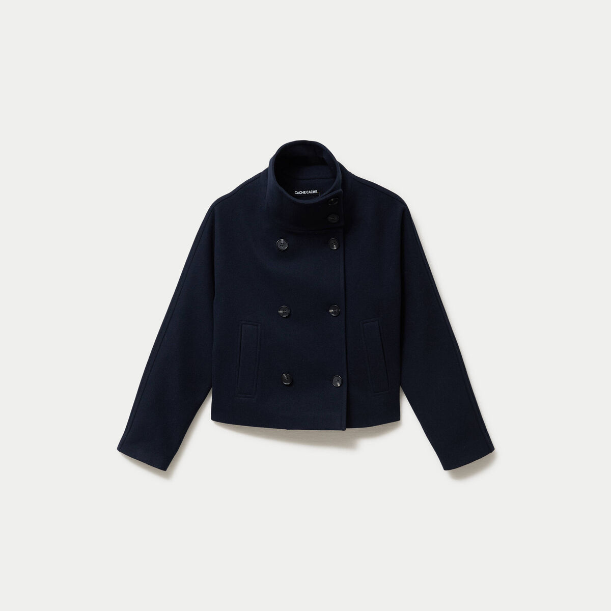 Caban court col montant bleu marine femme