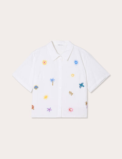 Chemise brodée manches courtes ecru femme
