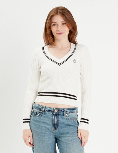 Pull manches longues torsades ecru femme
