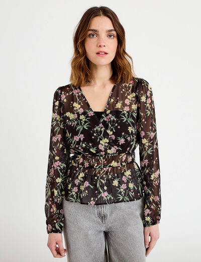 Blouse cintr&eacute;e col v manches longues noir femme