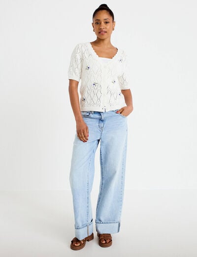 Gilet col v manches courtes brod&eacute; ecru femme