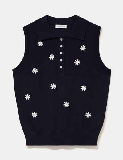 Polo sans manches col chemise brod&eacute; bleu marine femme