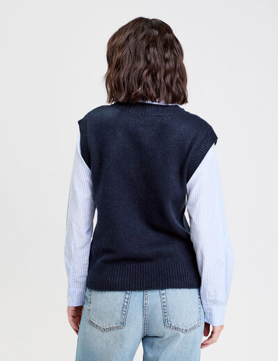 Pull 2-en-1 col en V bleu marine femme