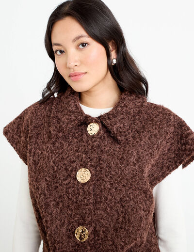 Veste sans manches bouclette col rond marron clair femme