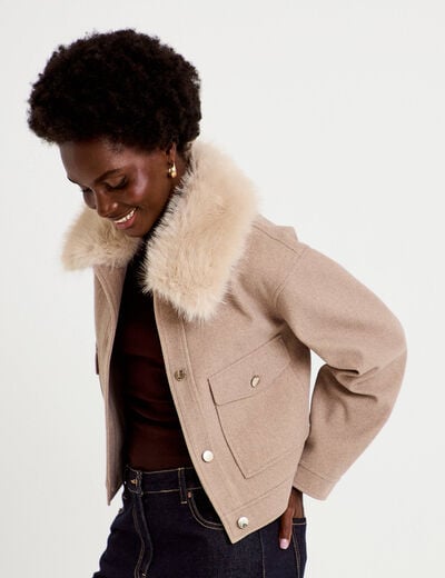 Veste droite cropped col tailleur taupe femme