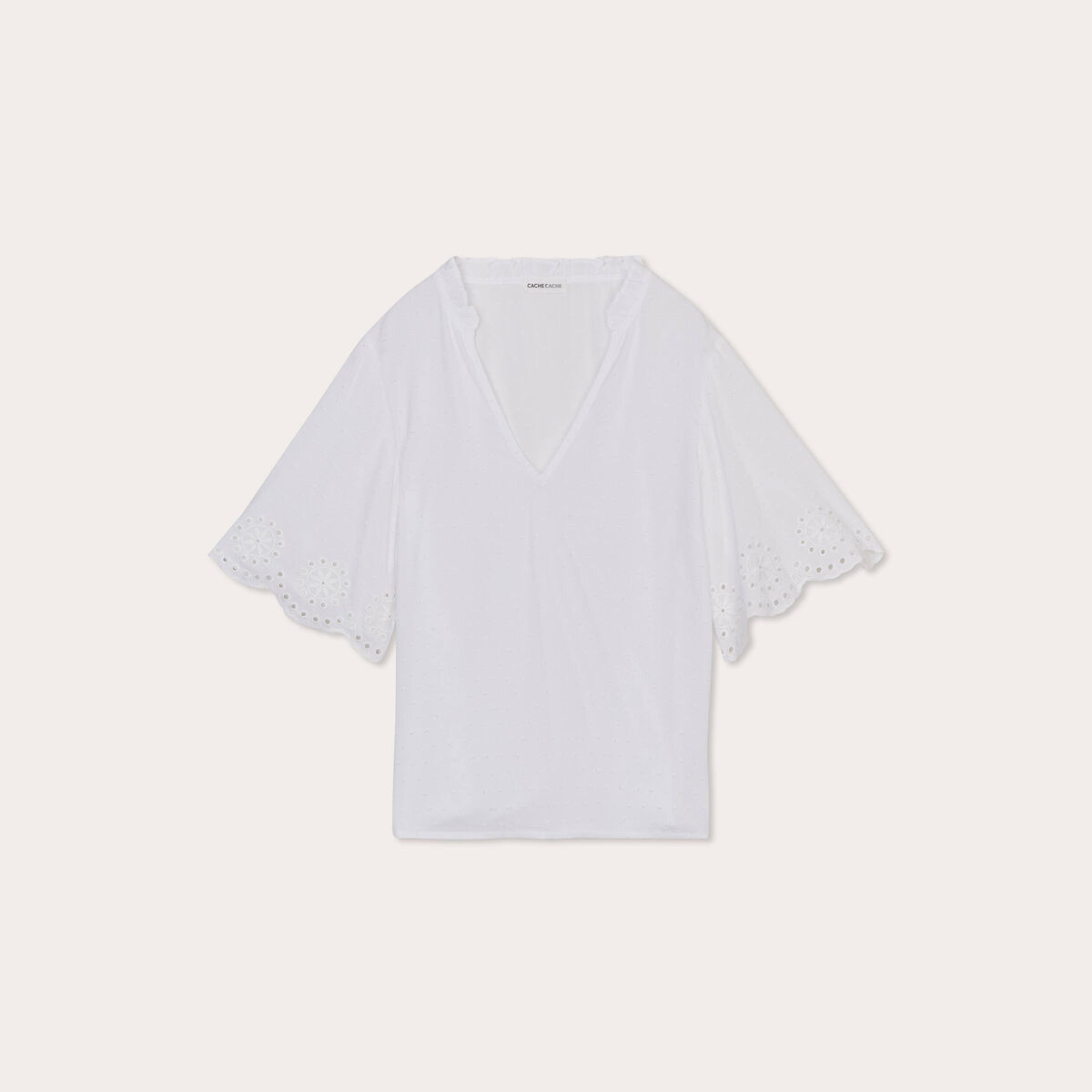 Blouse manches courtes brodée blanc femme