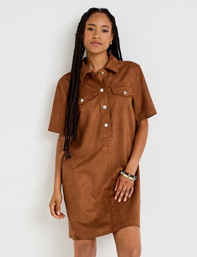 Robe droite 3/4 manches courtes daim marron femme