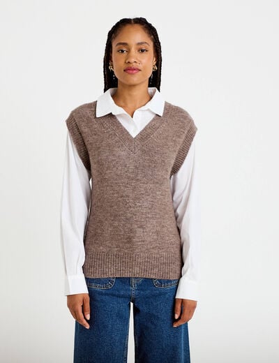 Pull chemise 2-en-1 taupe femme