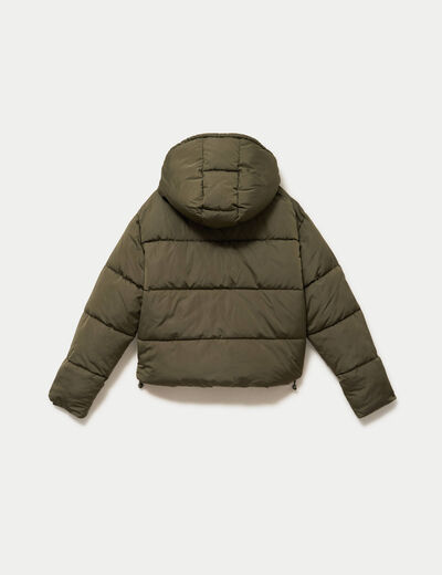 Doudoune courte bas resserr&eacute; capuche vert kaki femme