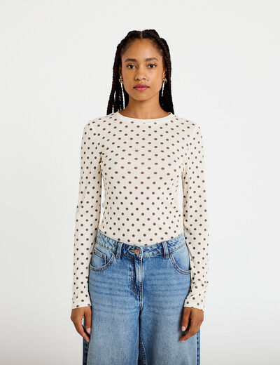 T-shirt ajust&eacute; col rond manches longues ivoire femme
