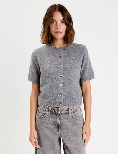 Gilet &agrave; d&eacute;tails de perles gris femme