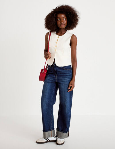 Gilet ajust&eacute; sans manches col rond ecru femme