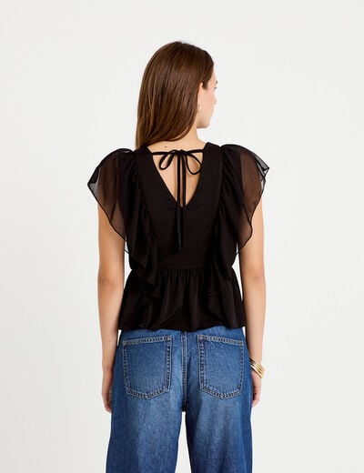 Blouse d&eacute;collet&eacute; voile manches courtes noir femme