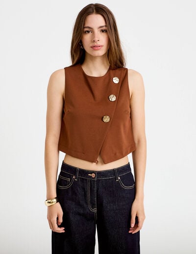 Top ajust&eacute; court sans manches col rond marron femme
