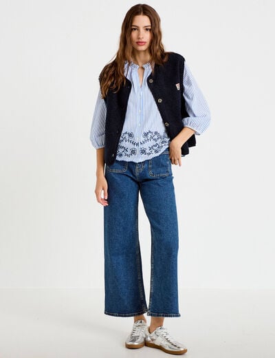 Blouse col v manches 3/4 brod&eacute;e bleu marine femme