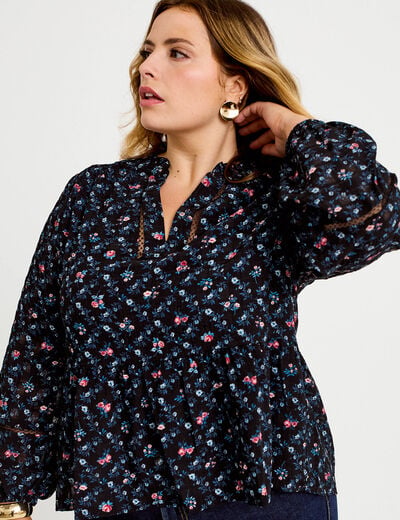 Chemise col v manches longues noir femme