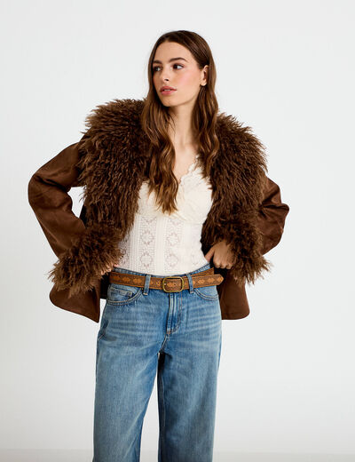 Manteau droit manches longues marron femme