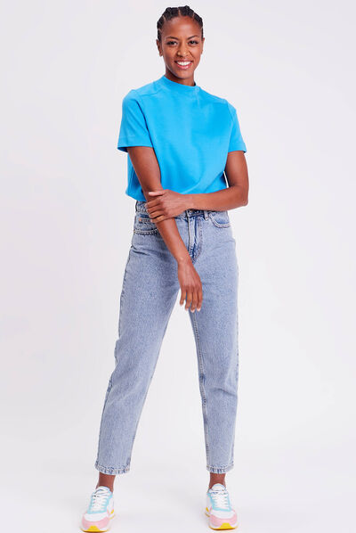 Jeans mom taille haute denim bleach femme