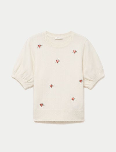Pull col rond manches courtes brod&eacute; ecru femme