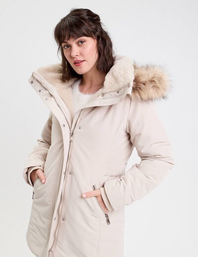 Parka &agrave; capuche fausse fourrure ecru femme
