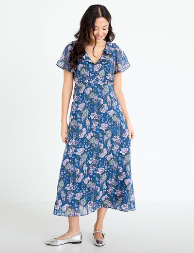 Robe longue &eacute;vas&eacute;e Bridgerton bleu marine femme