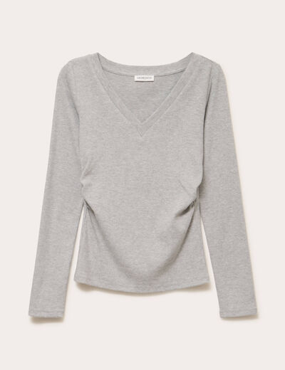 Top ajust&eacute; col v manches longues gris clair femme
