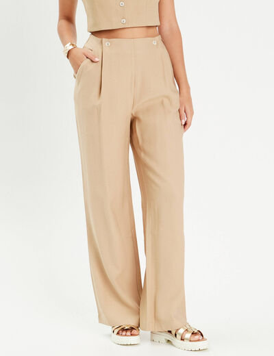 Pantalon large boutons beige femme