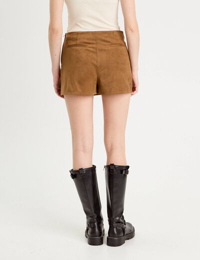 Jupe-short évasée suédine marron femme