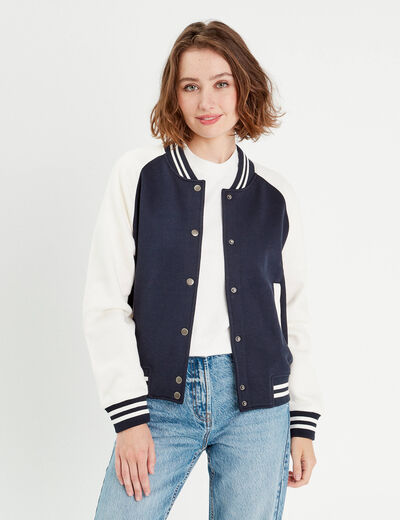 Veste boutonnée col teddy bleu marine femme