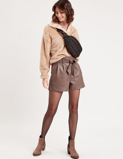 Short droit simili cuir taupe femme