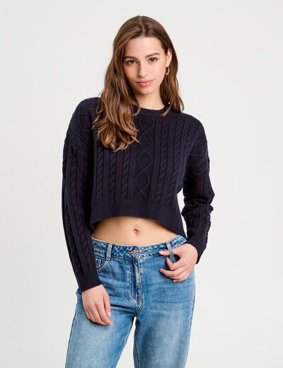 Pull avec torsades bleu marine femme