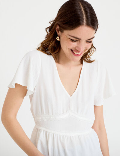 Blouse droite col v manches courtes ecru femme