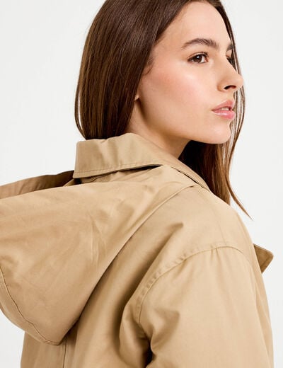 Trench droit court &agrave; capuche amovible beige femme