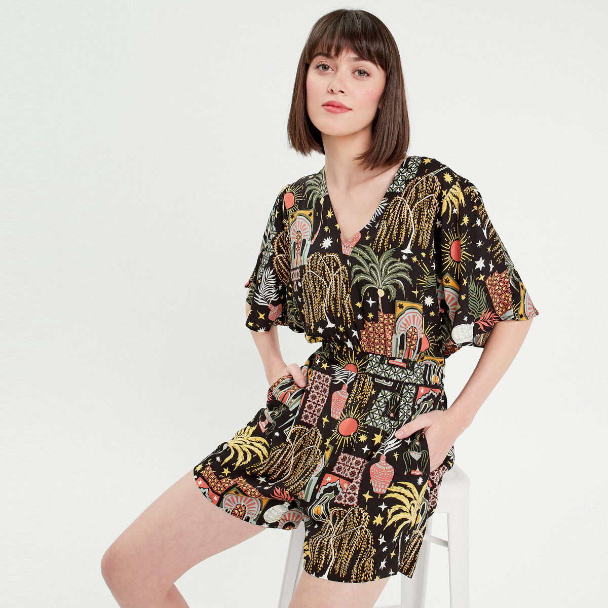 Combishort fluide noir femme