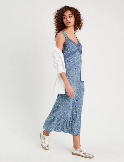 Robe longue évasée dentelle bleu foncé femme