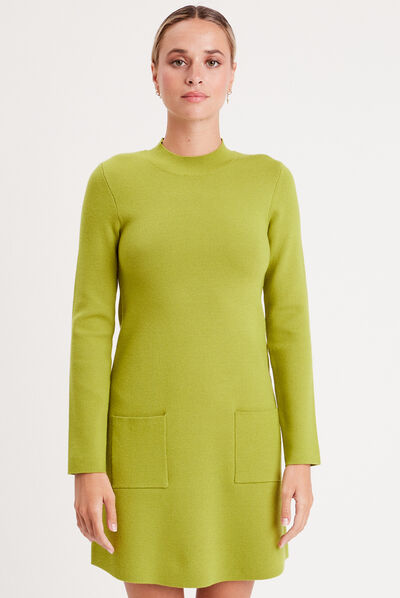 Robe pull droite avec poches vert femme