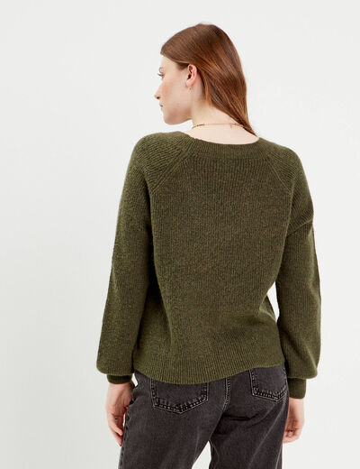 Pull avec col en V vert kaki femme