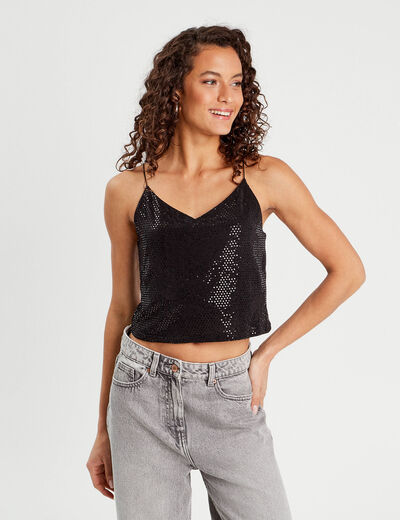 Débardeur cropped paillettes noir femme