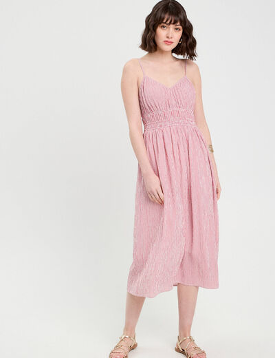 Robe midi évasée bretelles vieux rose femme